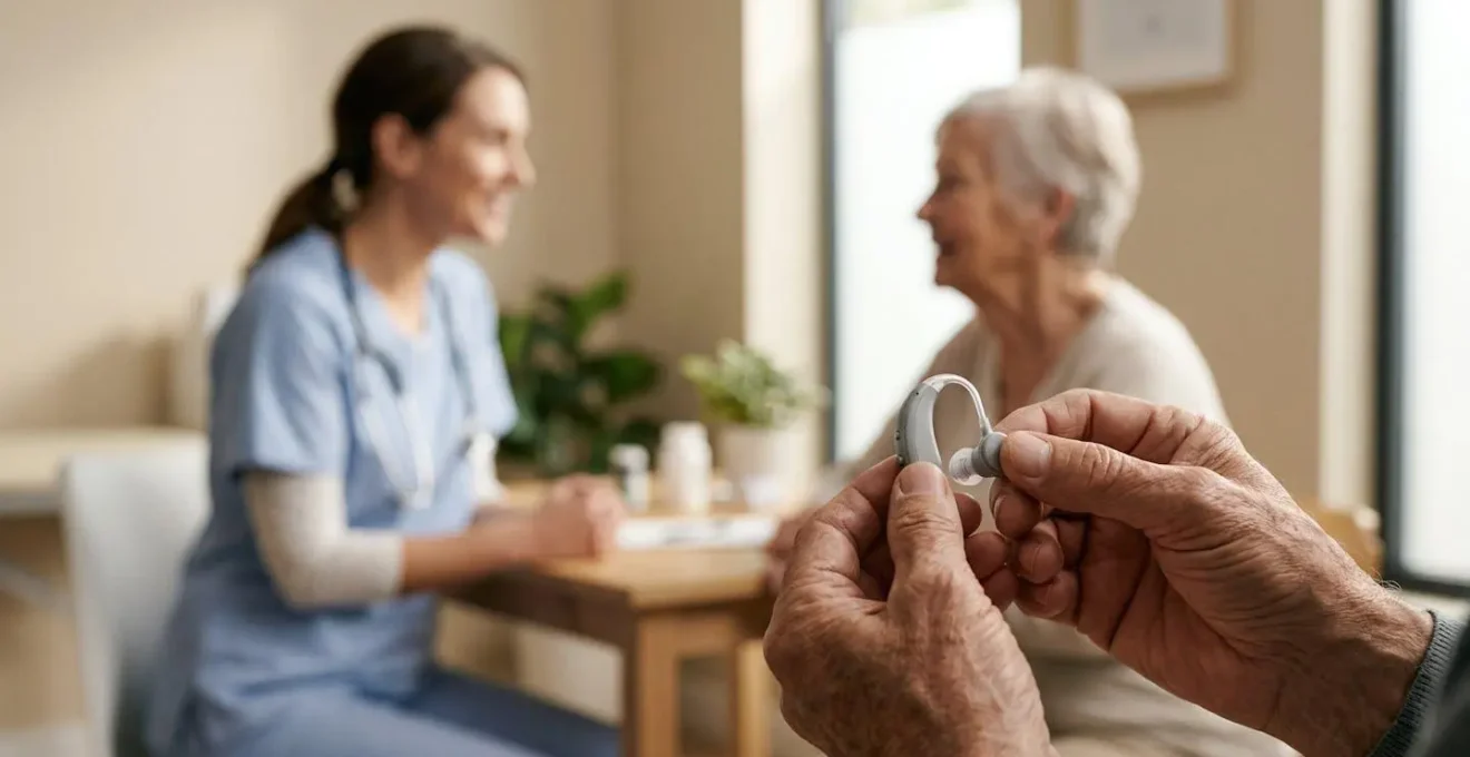Professionnel de santé accompagnant une personne dans le choix d'appareils auditifs modernes