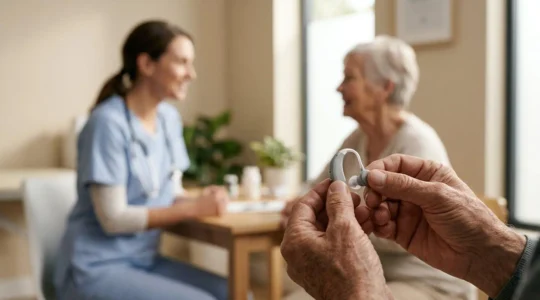 Professionnel de santé accompagnant une personne dans le choix d'appareils auditifs modernes
