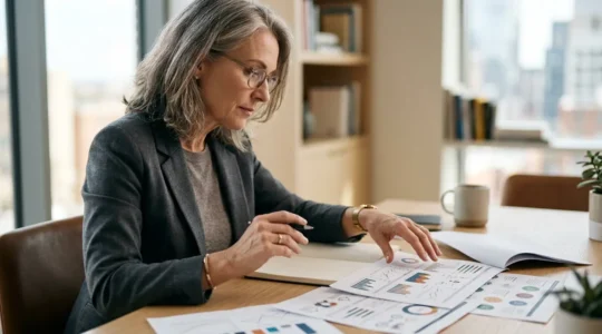 Professionnel réfléchissant à sa stratégie de retraite face à des documents financiers