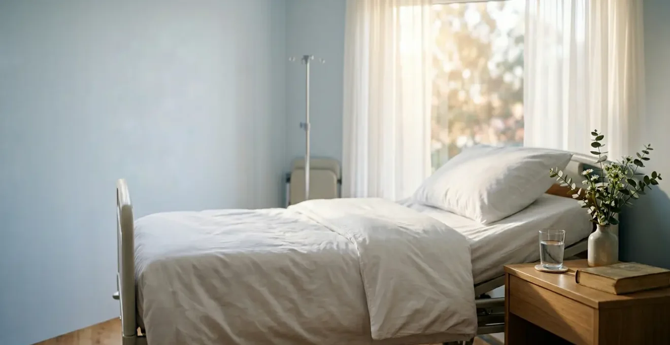 Patient se reposant sereinement dans une chambre d'hôpital individuelle baignée de lumière naturelle