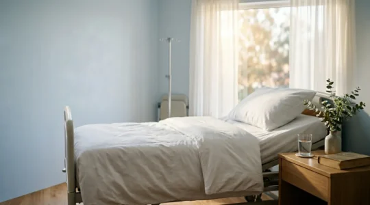 Patient se reposant sereinement dans une chambre d'hôpital individuelle baignée de lumière naturelle