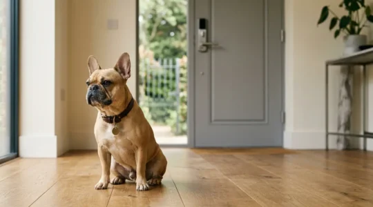 Chien de race de luxe en sécurité, évoquant la protection et la prévention contre le vol