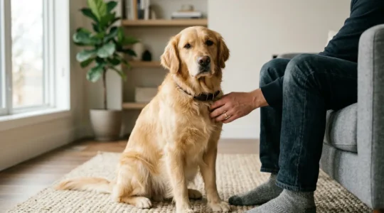 Chien domestique avec son proprietaire illustrant la responsabilite civile et l'assurance