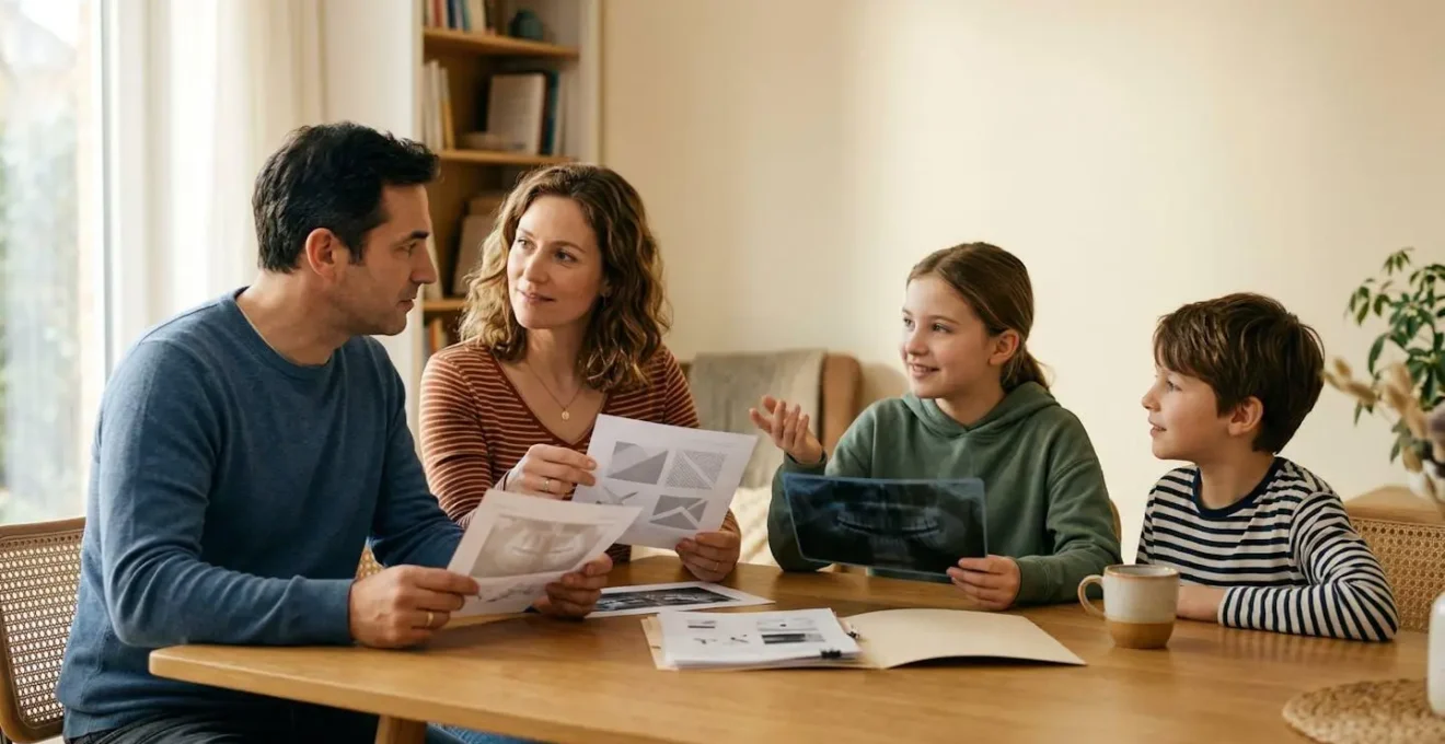 Famille de quatre personnes consultant des documents de santé et planifiant ensemble les soins dentaires et orthodontiques