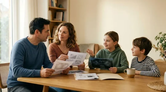 Famille de quatre personnes consultant des documents de santé et planifiant ensemble les soins dentaires et orthodontiques