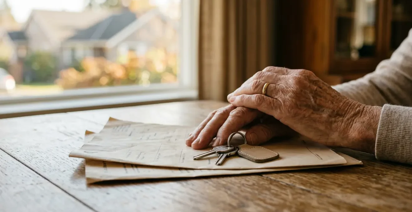 Plan rapproché sur des mains âgées tenant des documents financiers avec une maison en arrière-plan flou