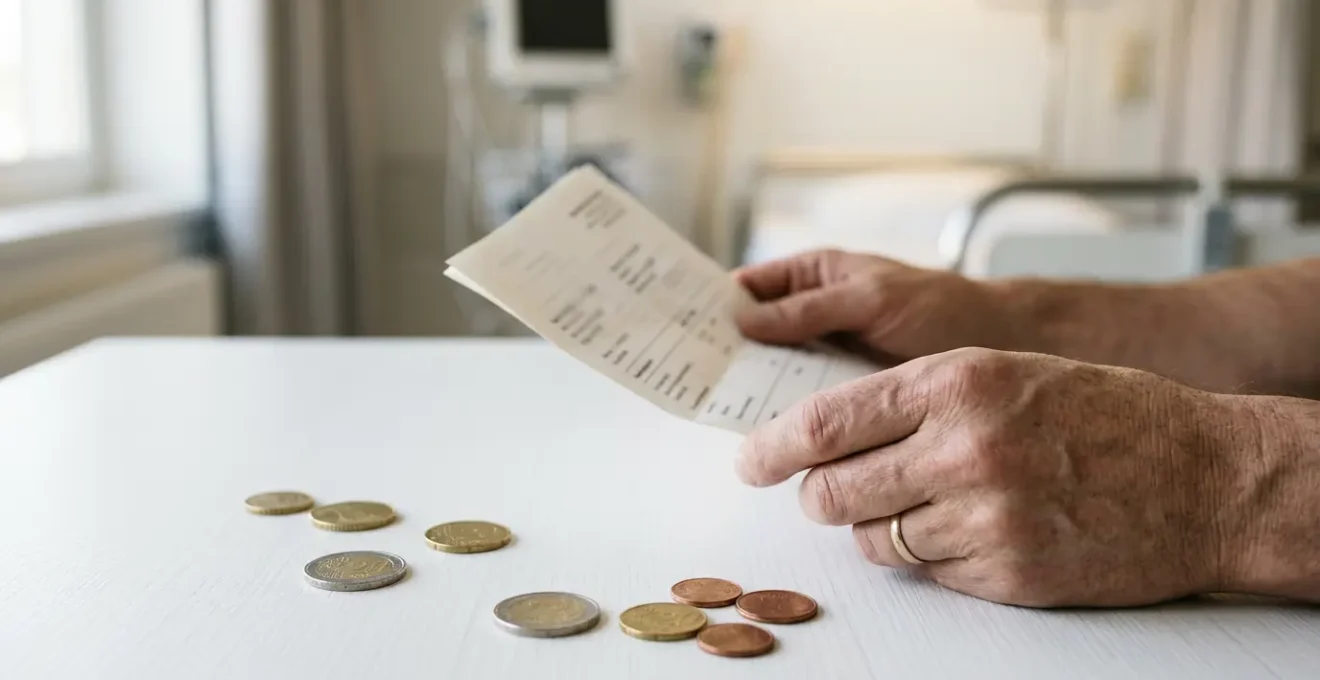 Patient consultant un document de facturation hospitalière avec des pièces de monnaie symbolisant le forfait journalier