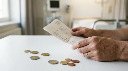 Patient consultant un document de facturation hospitalière avec des pièces de monnaie symbolisant le forfait journalier