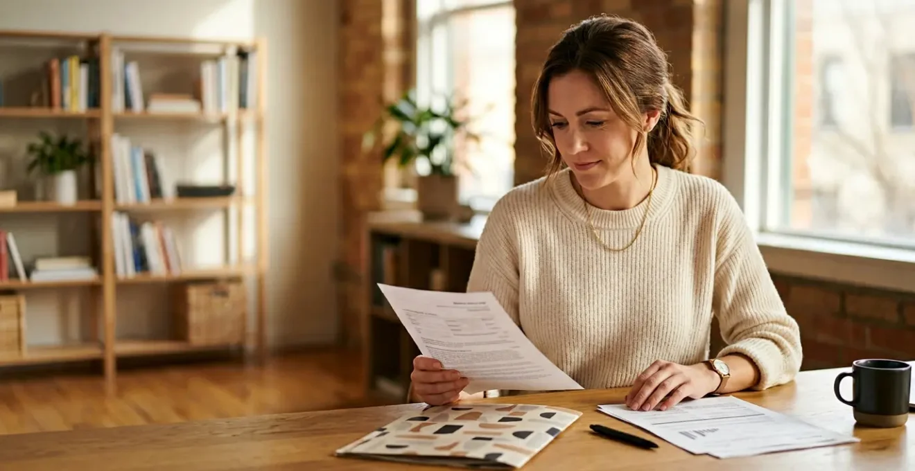 Personne consultant des documents d'assurance dans un environnement professionnel calme