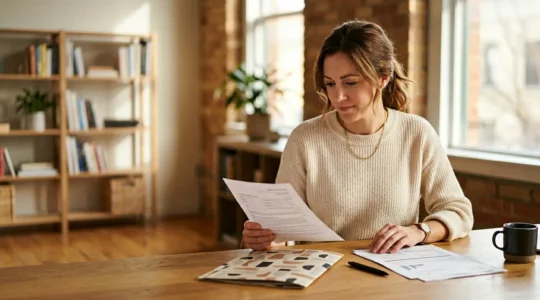 Personne consultant des documents d'assurance dans un environnement professionnel calme