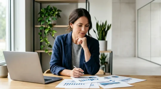 Investisseur consultant des documents financiers dans un environnement professionnel apaisant