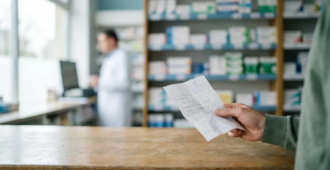Main tenant une ordonnance médicale devant un rayonnage de pharmacie avec des médicaments génériques en premier plan