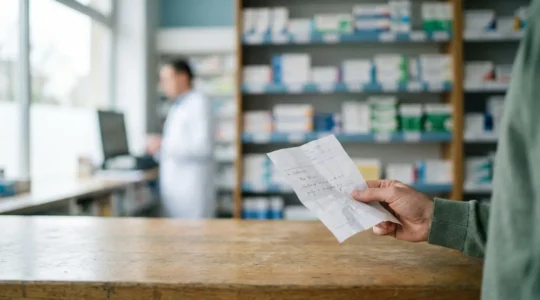 Main tenant une ordonnance médicale devant un rayonnage de pharmacie avec des médicaments génériques en premier plan