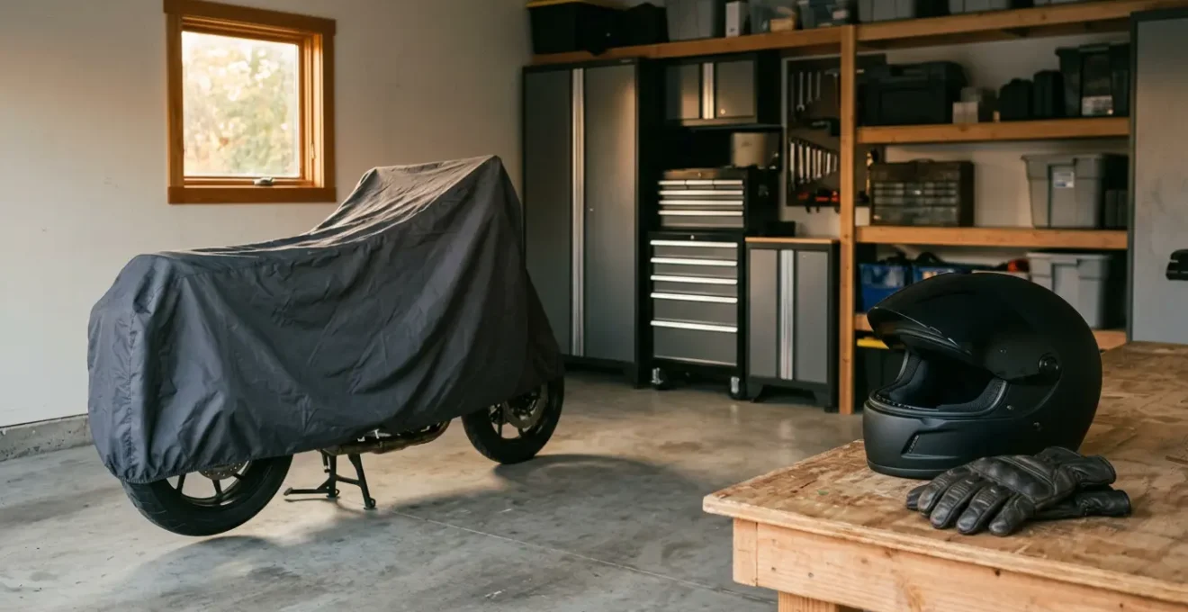 Motard préparant sa moto pour l'hivernage dans un garage privé avec équipement de protection
