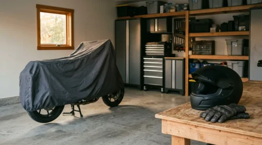 Motard préparant sa moto pour l'hivernage dans un garage privé avec équipement de protection