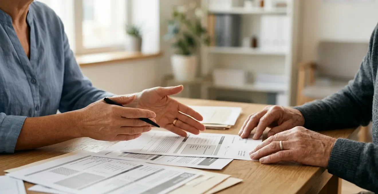 Discussion professionnelle sur les tarifs médicaux avec documents financiers dans un environnement médical