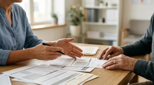 Discussion professionnelle sur les tarifs médicaux avec documents financiers dans un environnement médical