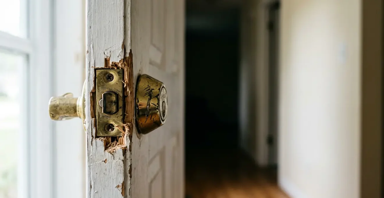 Porte d'entrée avec traces d'effraction sur la serrure sans cambriolage réussi