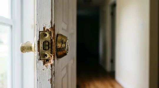 Porte d'entrée avec traces d'effraction sur la serrure sans cambriolage réussi