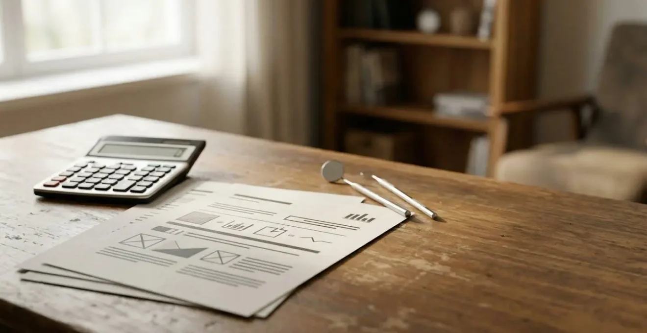 Plan de traitement dentaire avec calculatrice et documents d'assurance symbolisant la stratégie financière pour réduire les coûts des soins dentaires