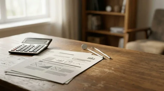 Plan de traitement dentaire avec calculatrice et documents d'assurance symbolisant la stratégie financière pour réduire les coûts des soins dentaires