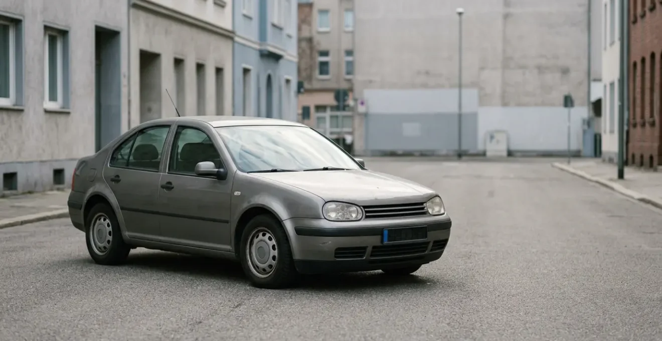 Voiture de plus de 10 ans photographiée dans un environnement urbain avec espace négatif, symbolisant le choix d'assurance automobile