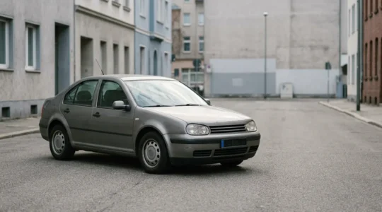 Voiture de plus de 10 ans photographiée dans un environnement urbain avec espace négatif, symbolisant le choix d'assurance automobile