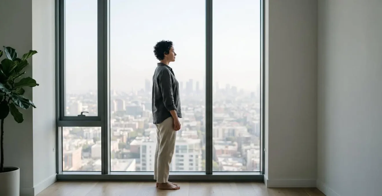 Concept de liberté financière avec une personne sereine dans un environnement minimaliste
