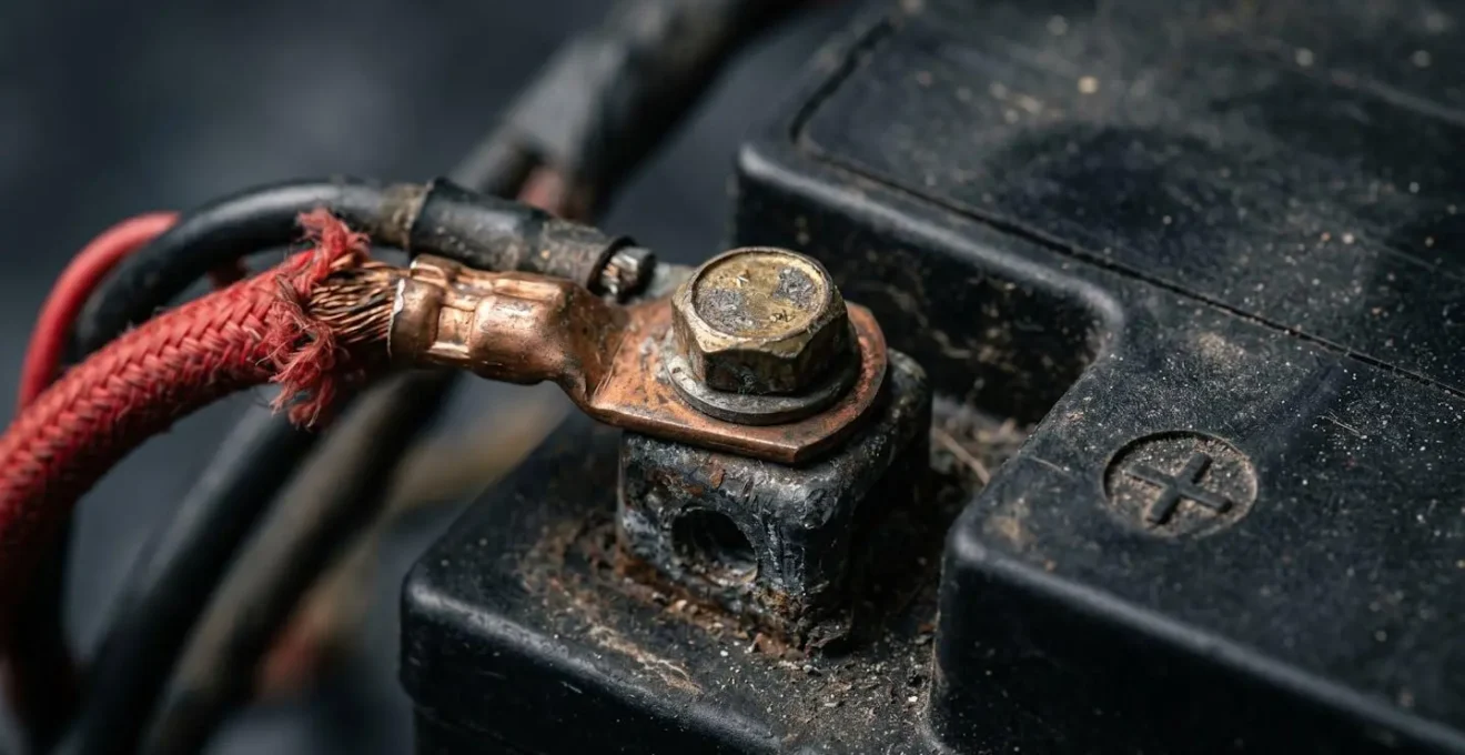 Détail macro d'une batterie de moto montrant les connexions et l'usure potentielle