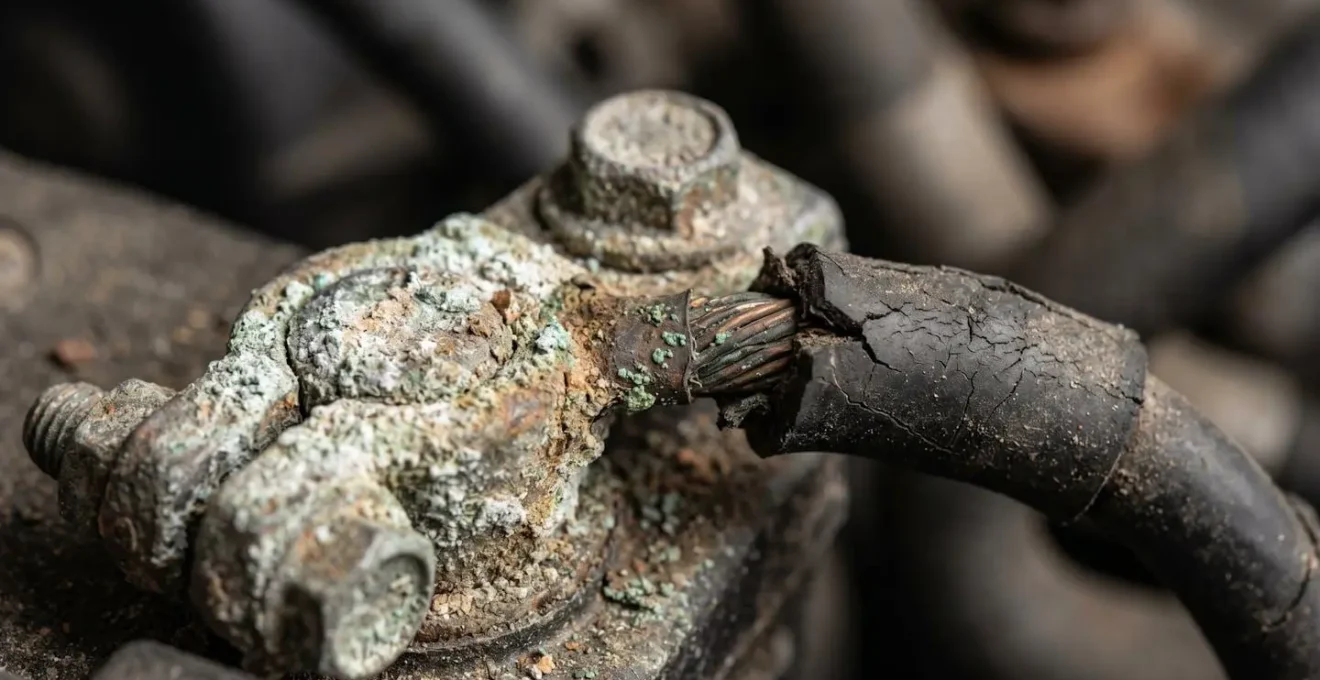 Gros plan sur les composants mécaniques d'une voiture ancienne révélant les signes d'usure typiques d'un véhicule de plus de 10 ans