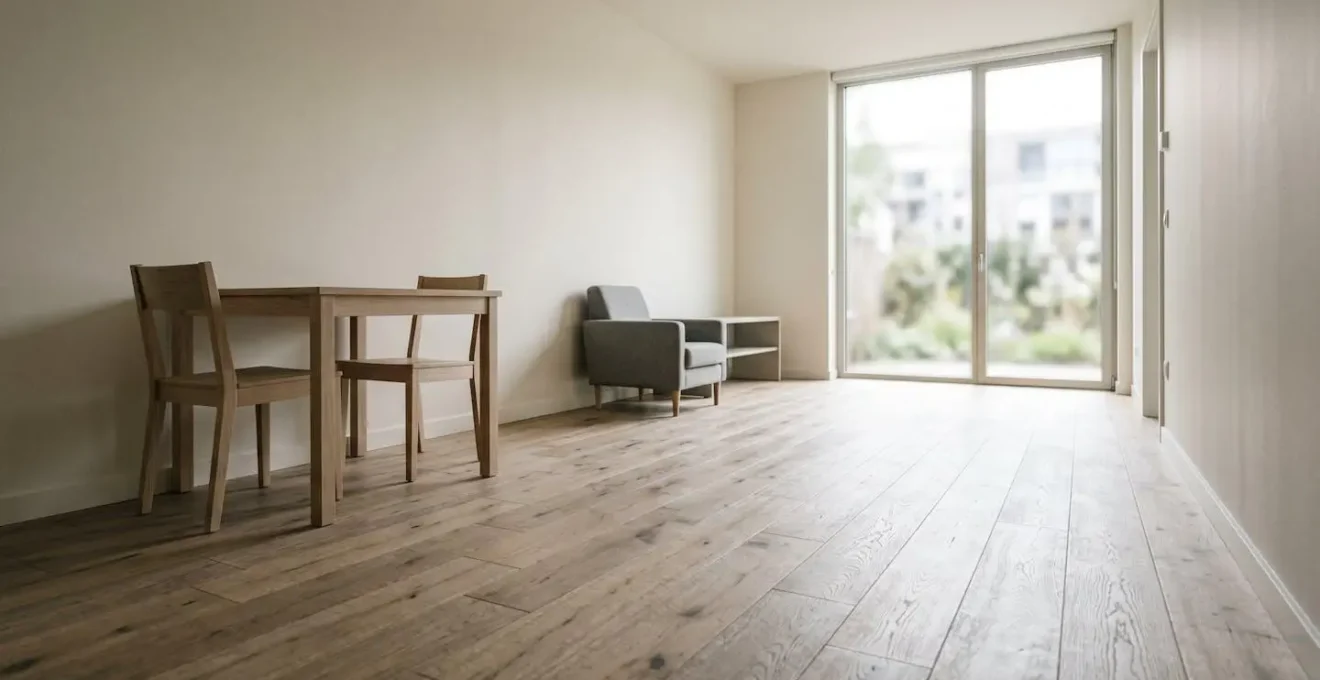 Vue minimaliste d'un intérieur de maison vide avec une fenêtre laissant entrer la lumière naturelle