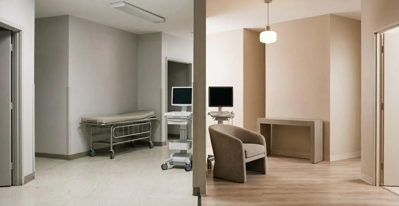 Intérieur médical minimaliste montrant deux espaces de soins distincts côte à côte, l'un fonctionnel pour l'hôpital public, l'autre plus raffiné pour la clinique privée.