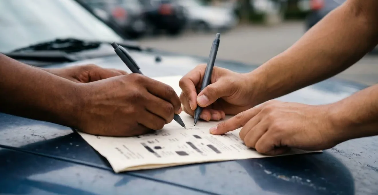 Gros plan sur les mains d'automobilistes complétant ensemble un document officiel après un accrochage