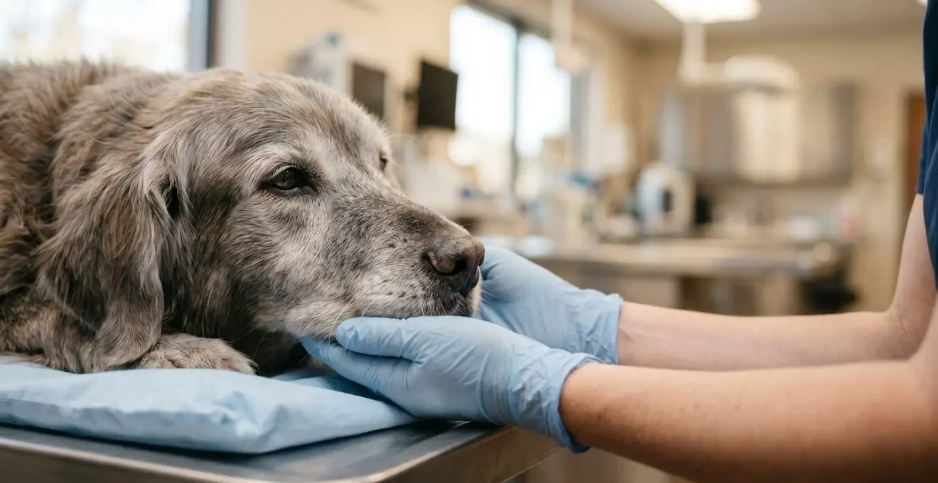 Chien âgé en consultation vétérinaire évoquant le suivi médical des animaux seniors