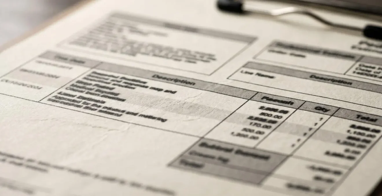 Gros plan sur un document médical professionnel avec sections organisées, représentant un devis détaillé et transparent.