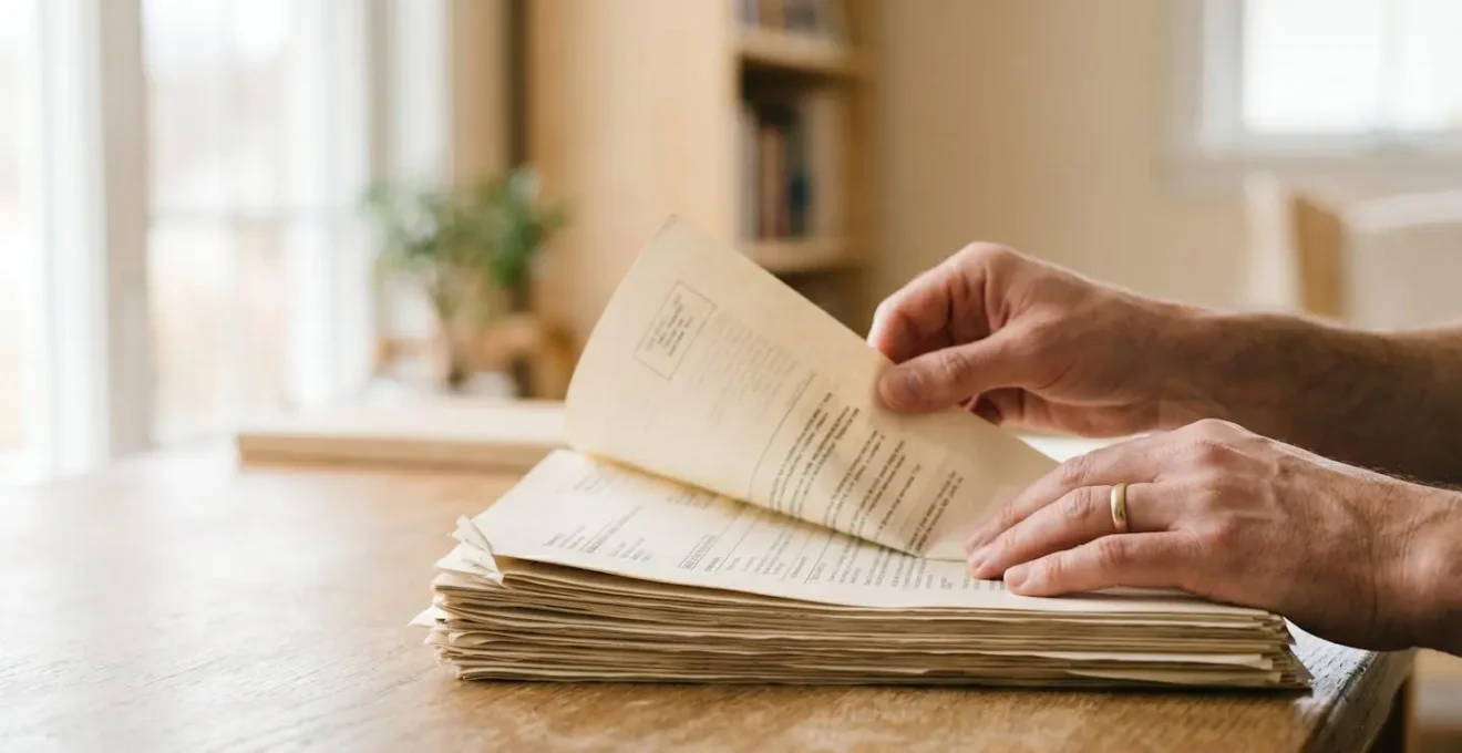 Mains d'une personne feuilletant des pages de documents administratifs dans une lumière douce