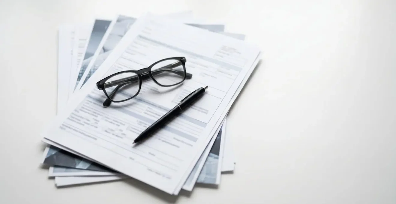Vue en plongée de documents administratifs médicaux et formulaires d'indemnisation sur un bureau