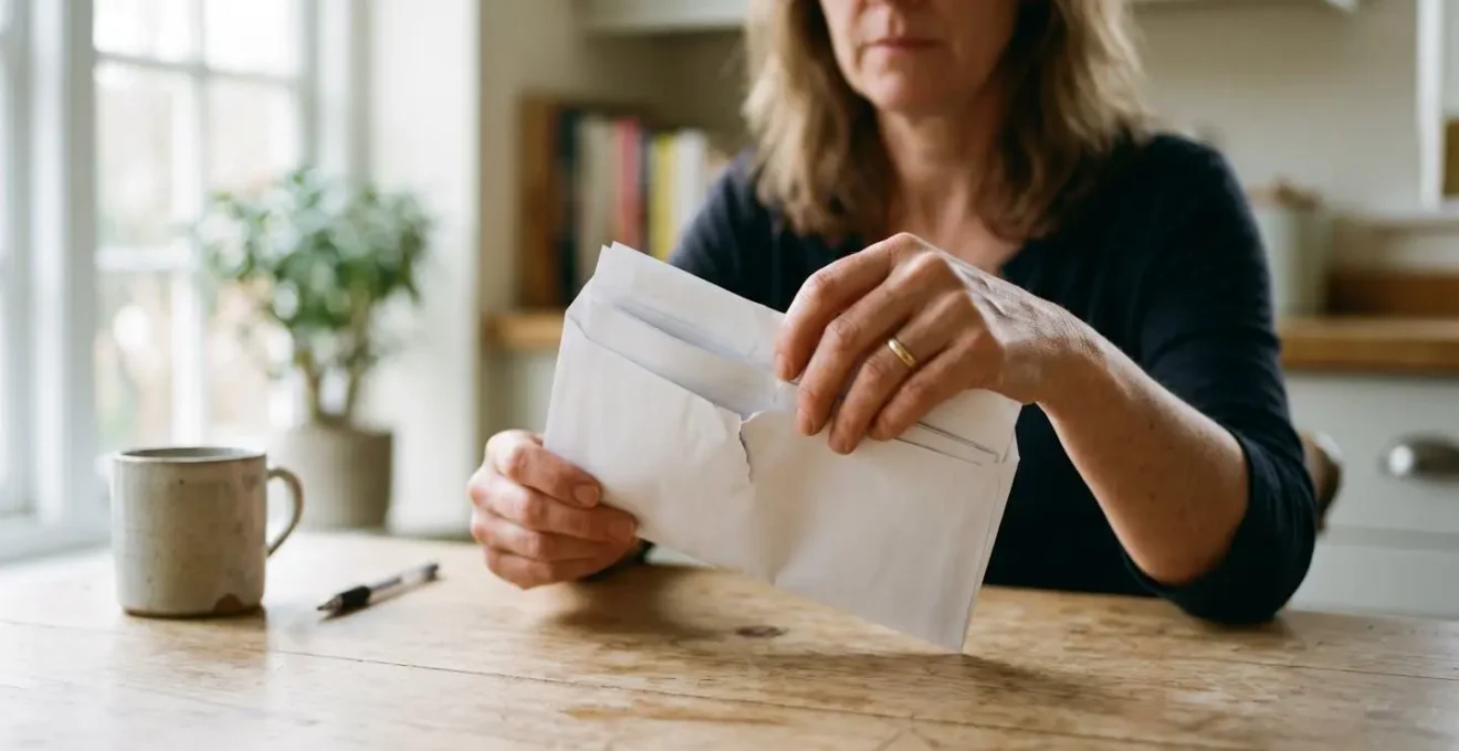 Mains tenant une enveloppe administrative avec un document de facturation sur une table minimaliste