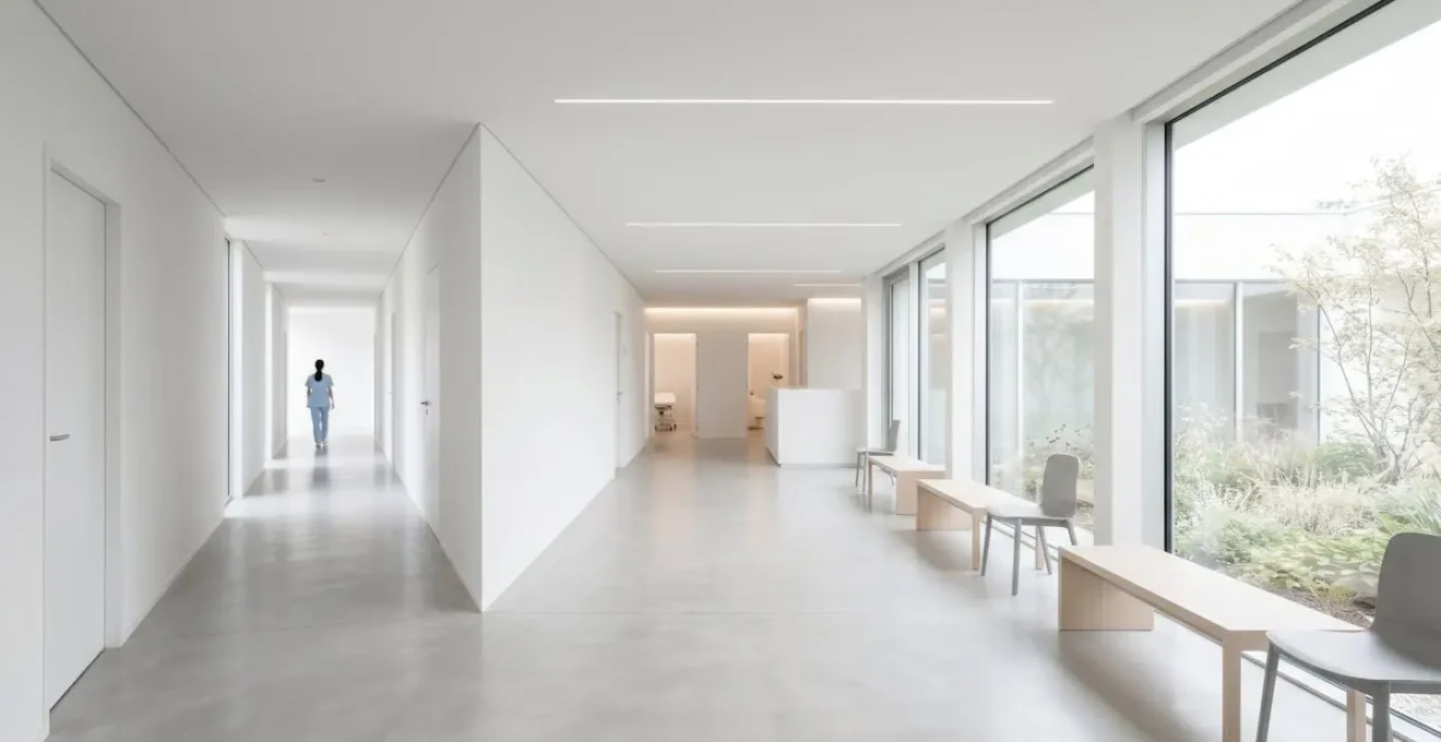 Vue large et épurée d'un espace médical moderne aux lignes minimalistes avec lumière naturelle