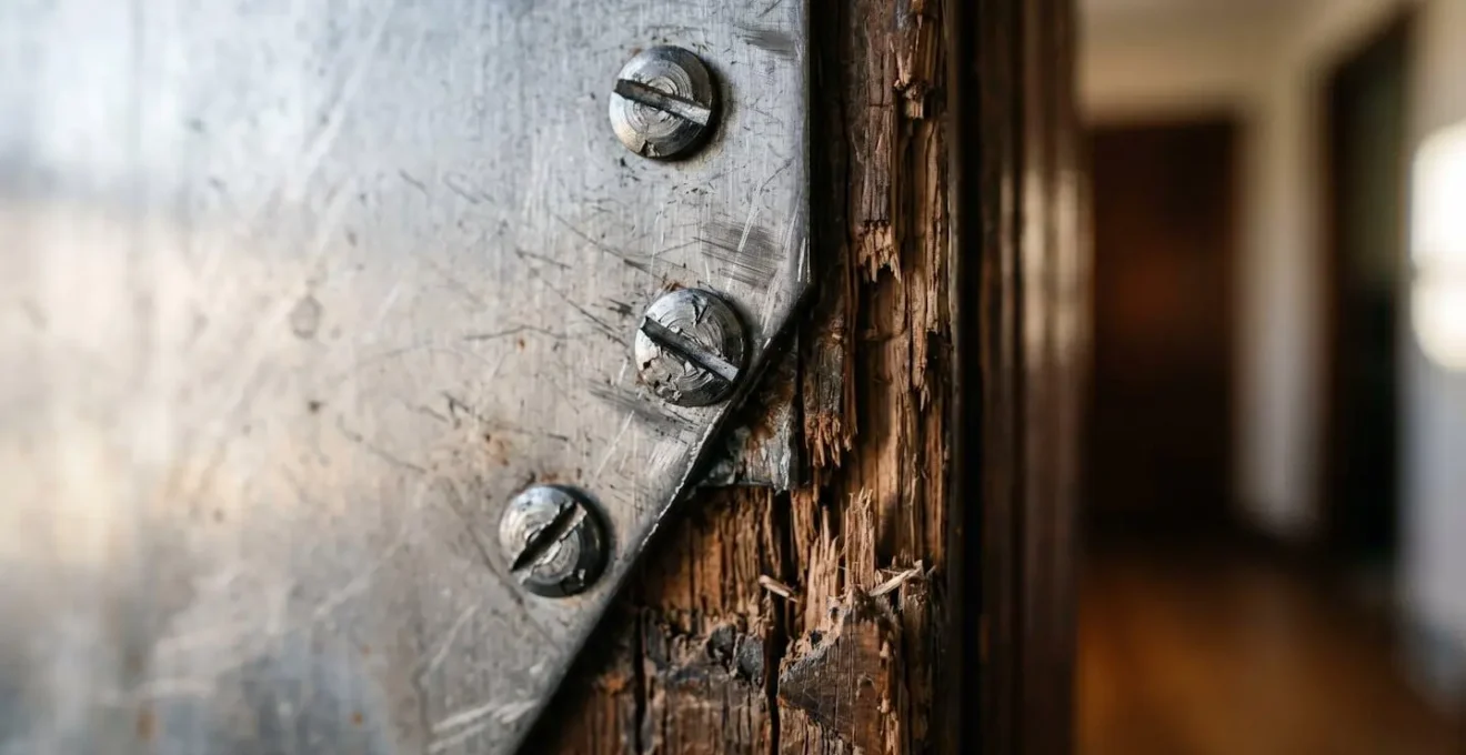 Plaque métallique provisoire installée sur une porte d'entrée endommagée pour sécurisation d'urgence