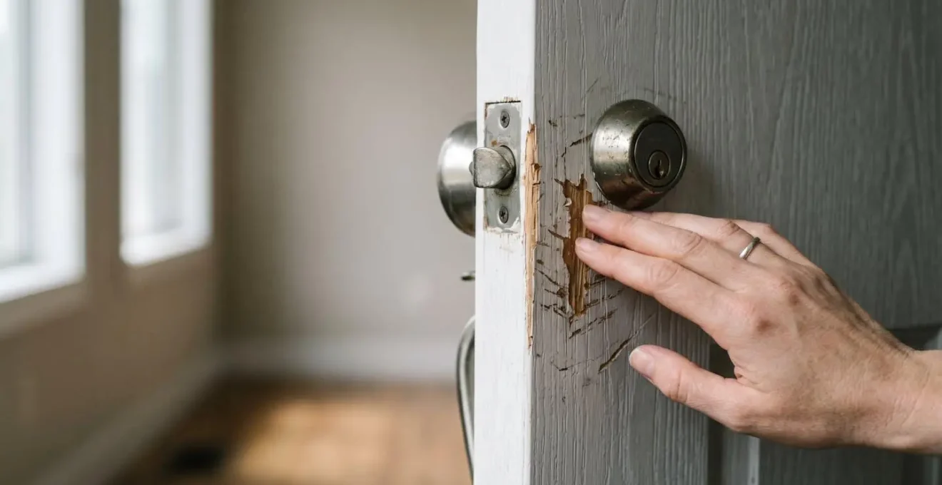 Gros plan sur une porte résidentielle endommagée suite à une tentative d'effraction, évoquant l'urgence de la mise en sécurité