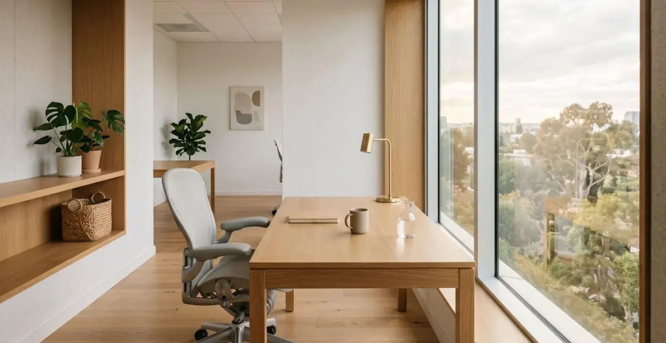 Environnement de travail aménagé avec espace épuré suggérant un retour progressif à l'activité