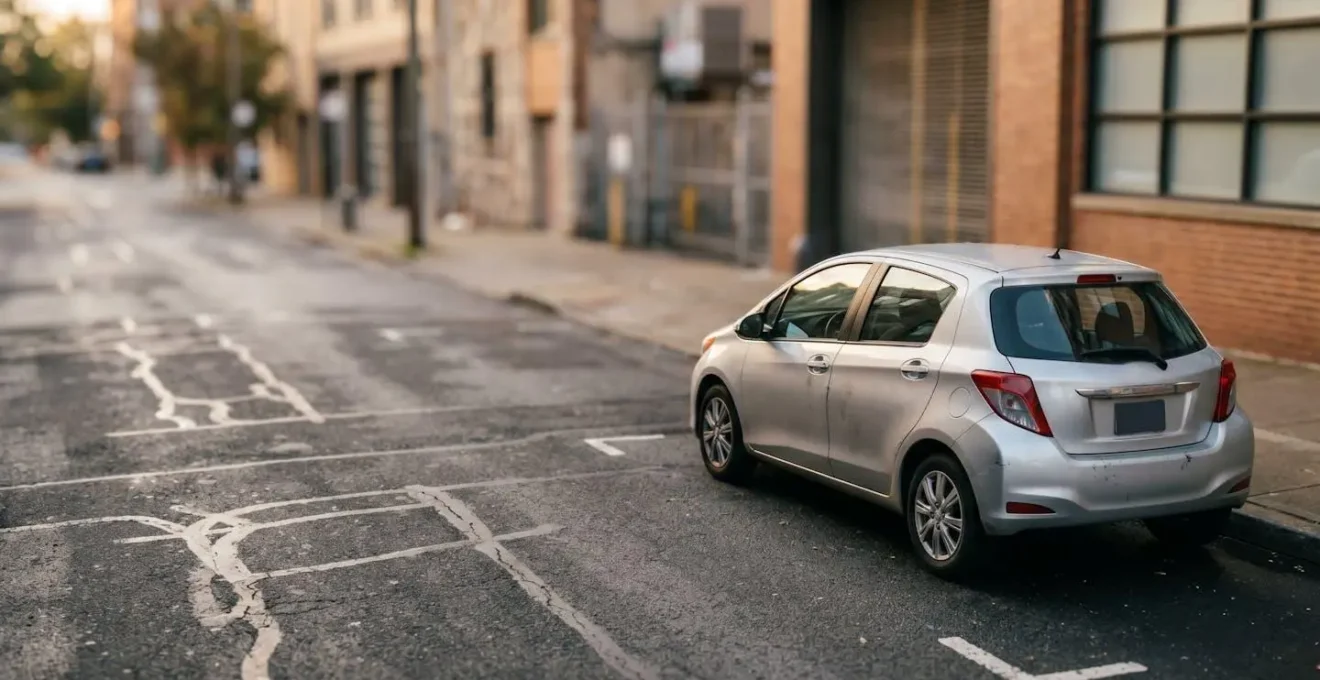 Voiture de cinq ans stationnée dans un environnement urbain typique illustrant le contexte de décision d'assurance